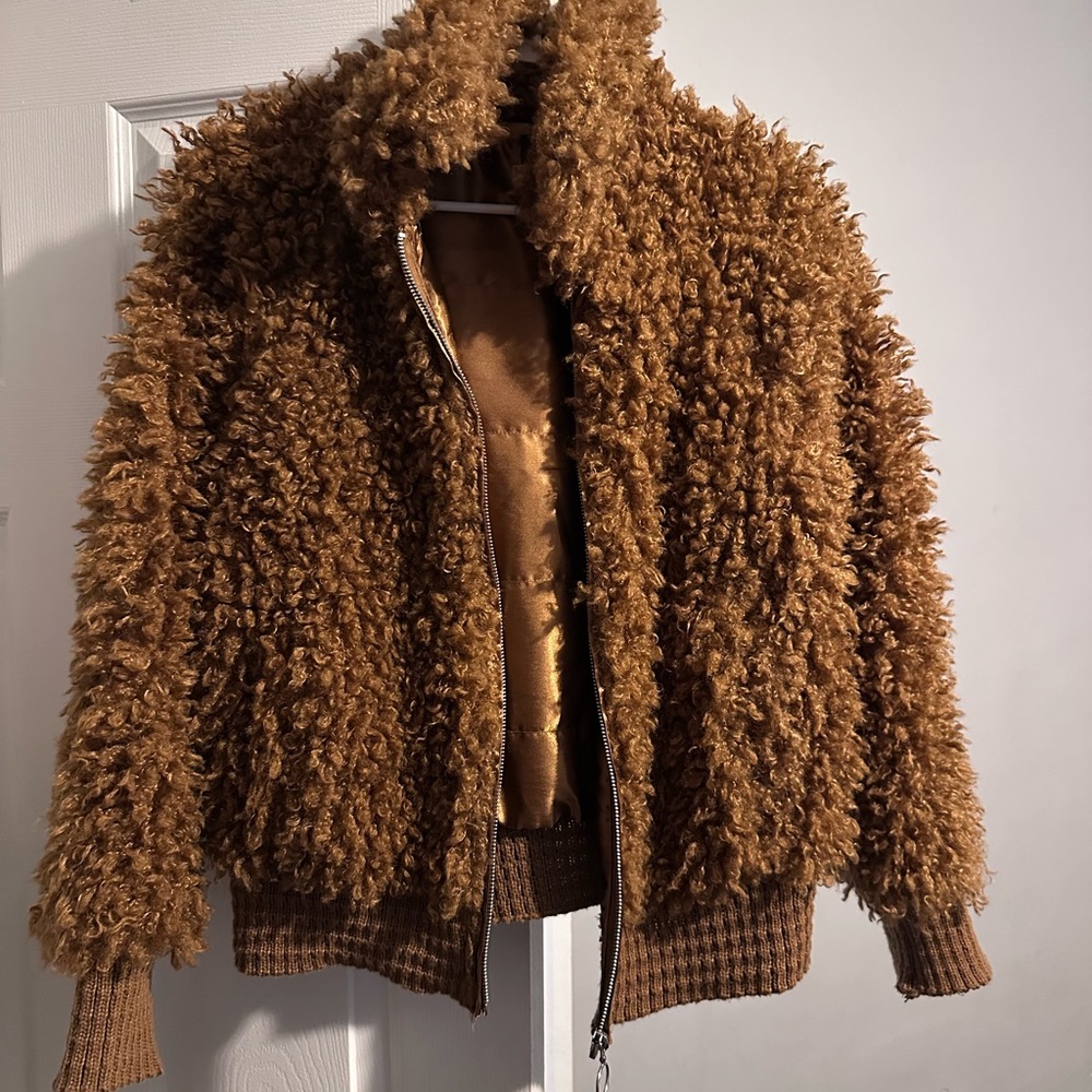 wild fable Plush Teddy Faux Shearling Zip Jacket - Brown